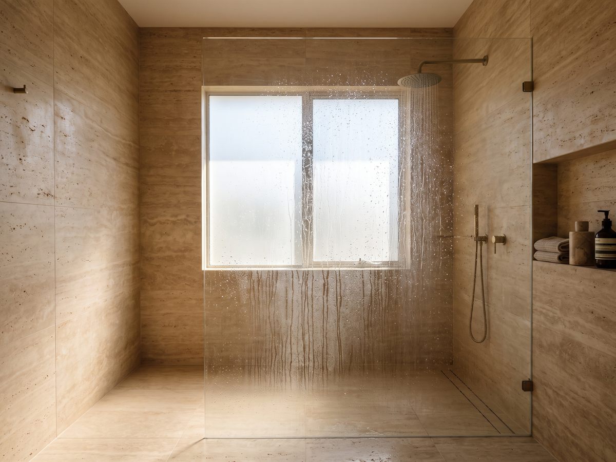 Frameless glass shower screen in a travertine ensuite, water sheeting off the treated glass.