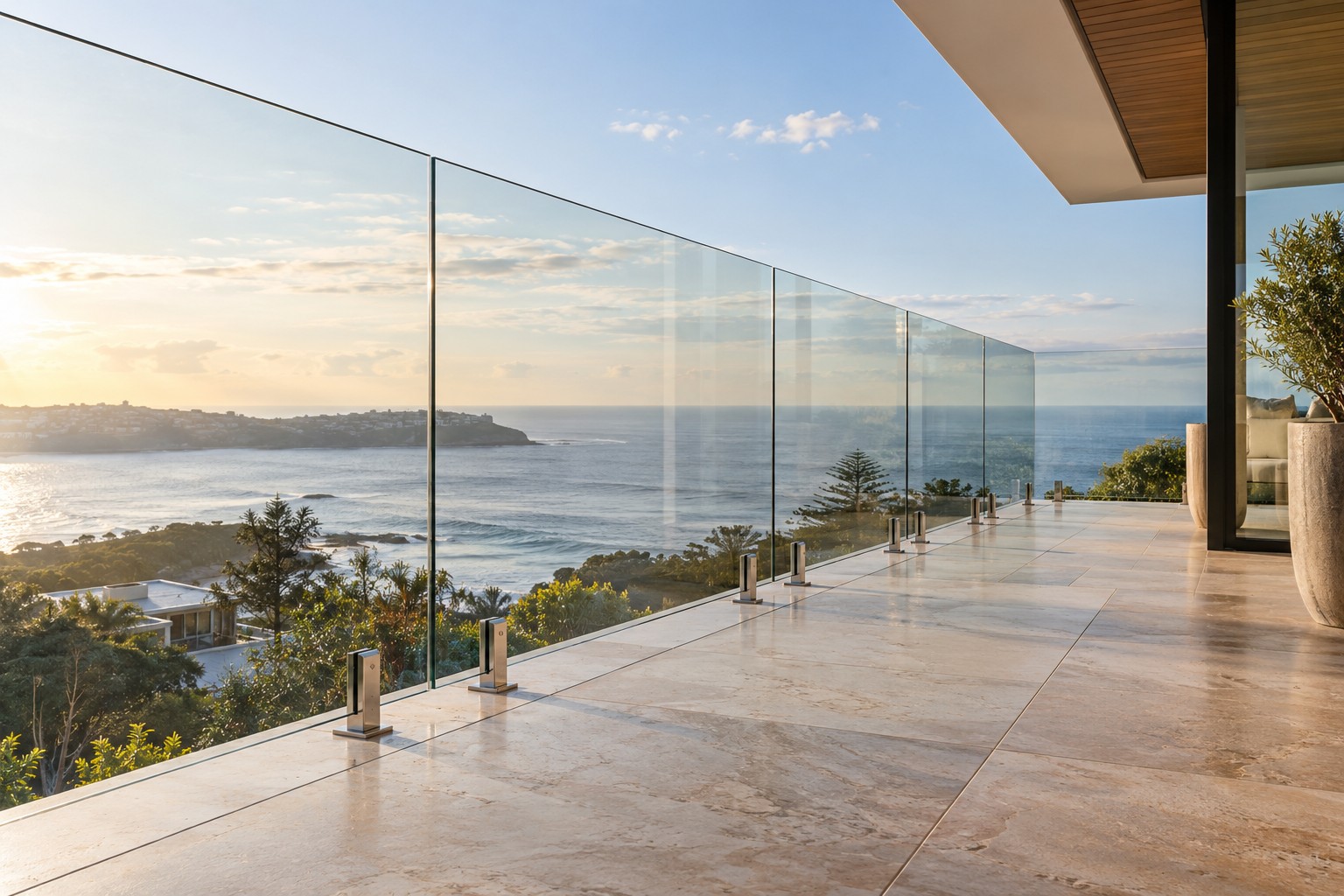 Illustrative frameless glass balustrade beside a coastal pool.