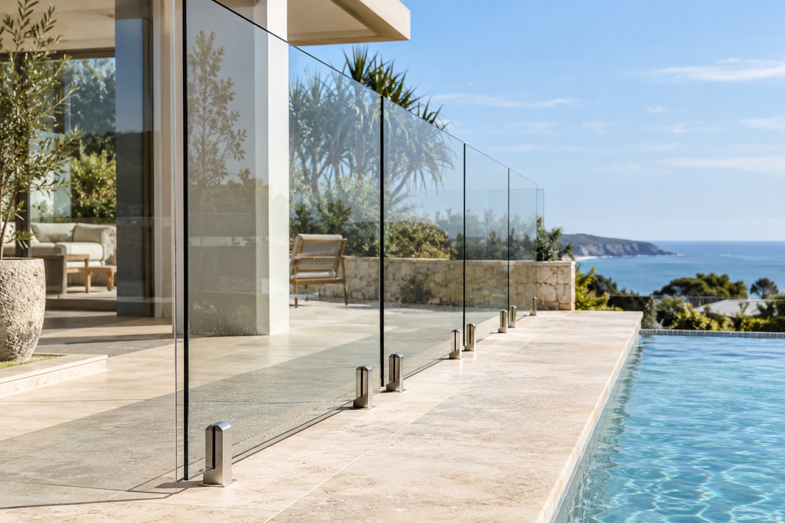 Illustrative frameless glass pool fence beside a swimming pool.
