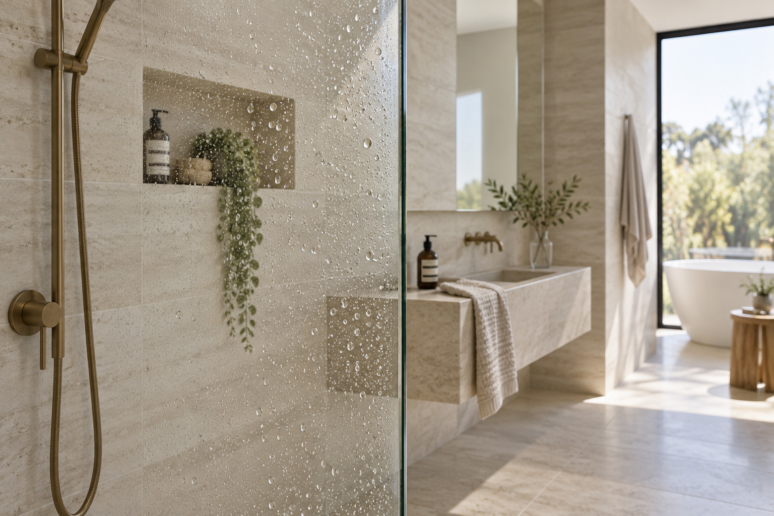 Illustrative water droplets on a frameless shower screen in a travertine bathroom.