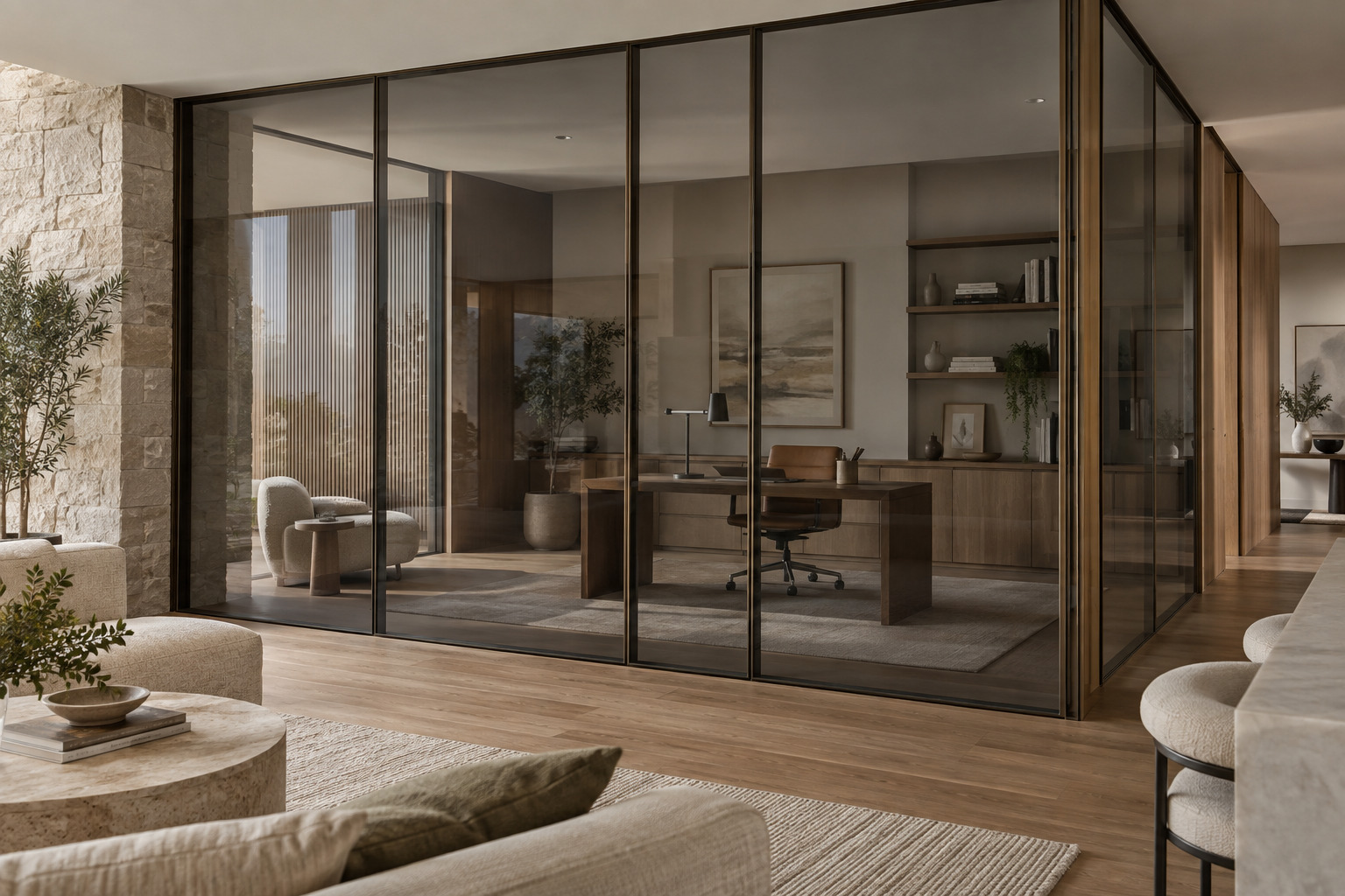 Illustrative interior with a subtly tinted internal glass partition separating a home office and living area.