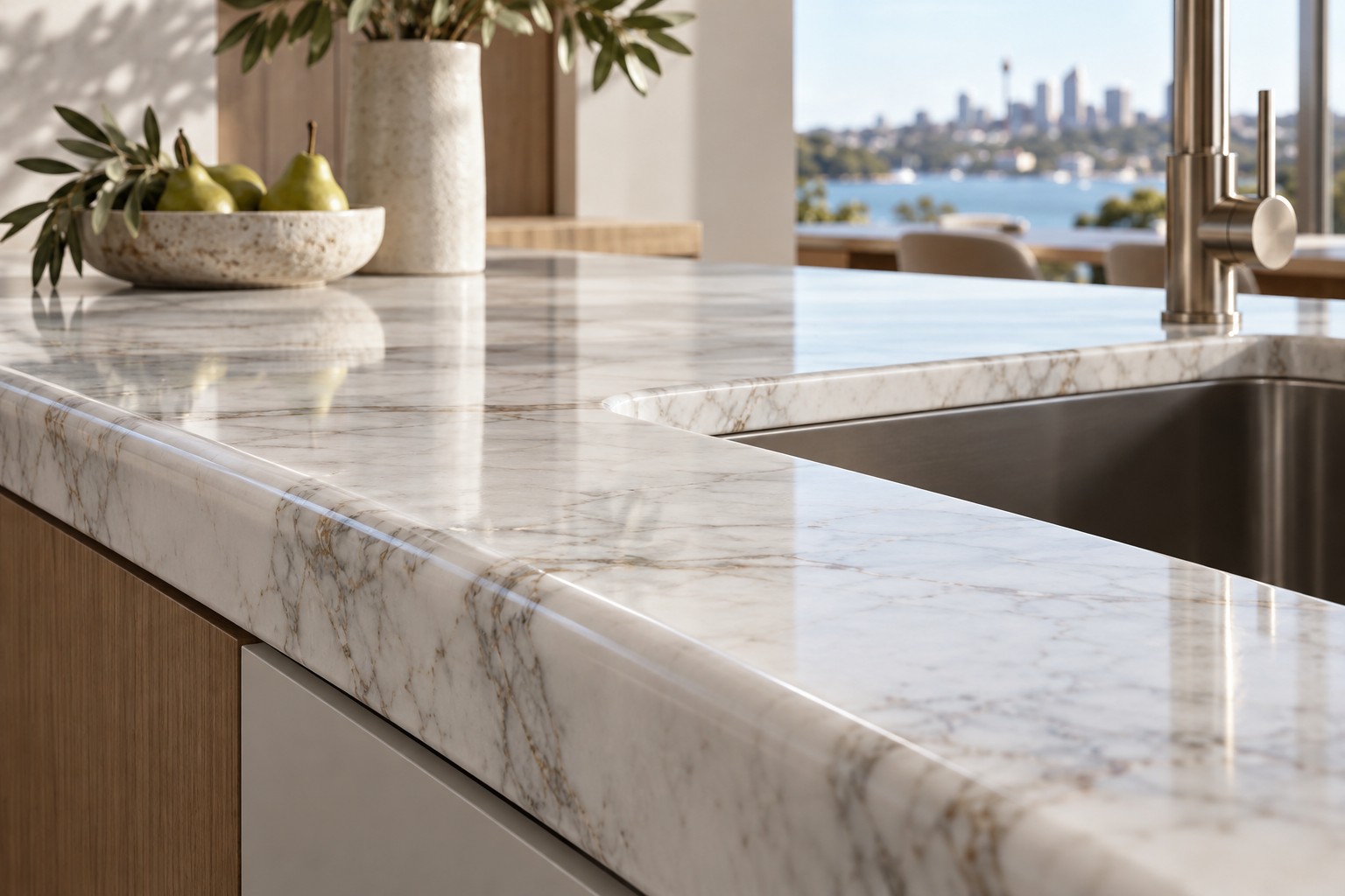 Illustrative close view of a polished marble benchtop and sink.