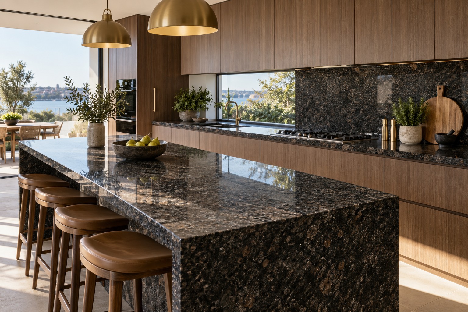 Illustrative dark granite kitchen island in a contemporary home.