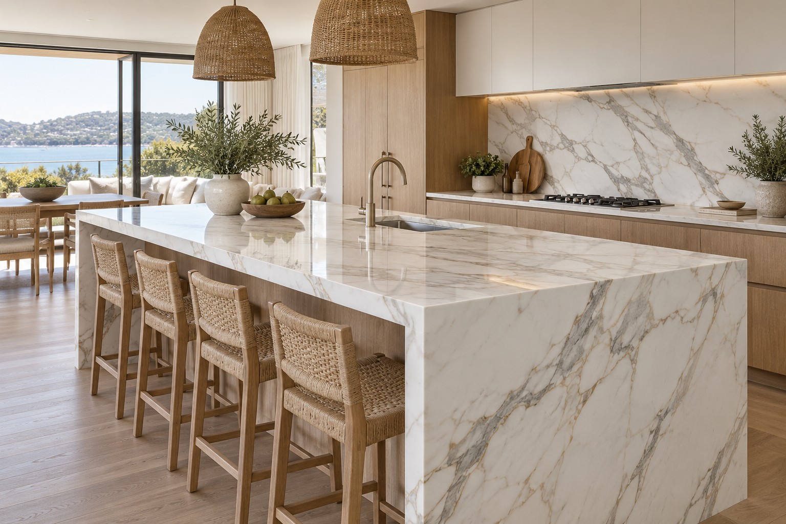 Illustrative polished marble kitchen island in a coastal home.
