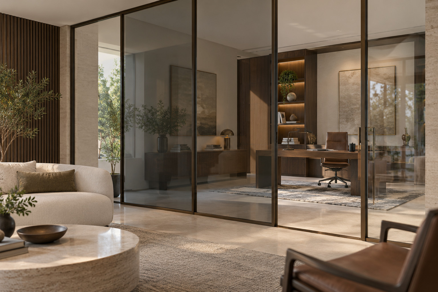 Illustrative interior with a subtly tinted glass partition dividing a home office and lounge.