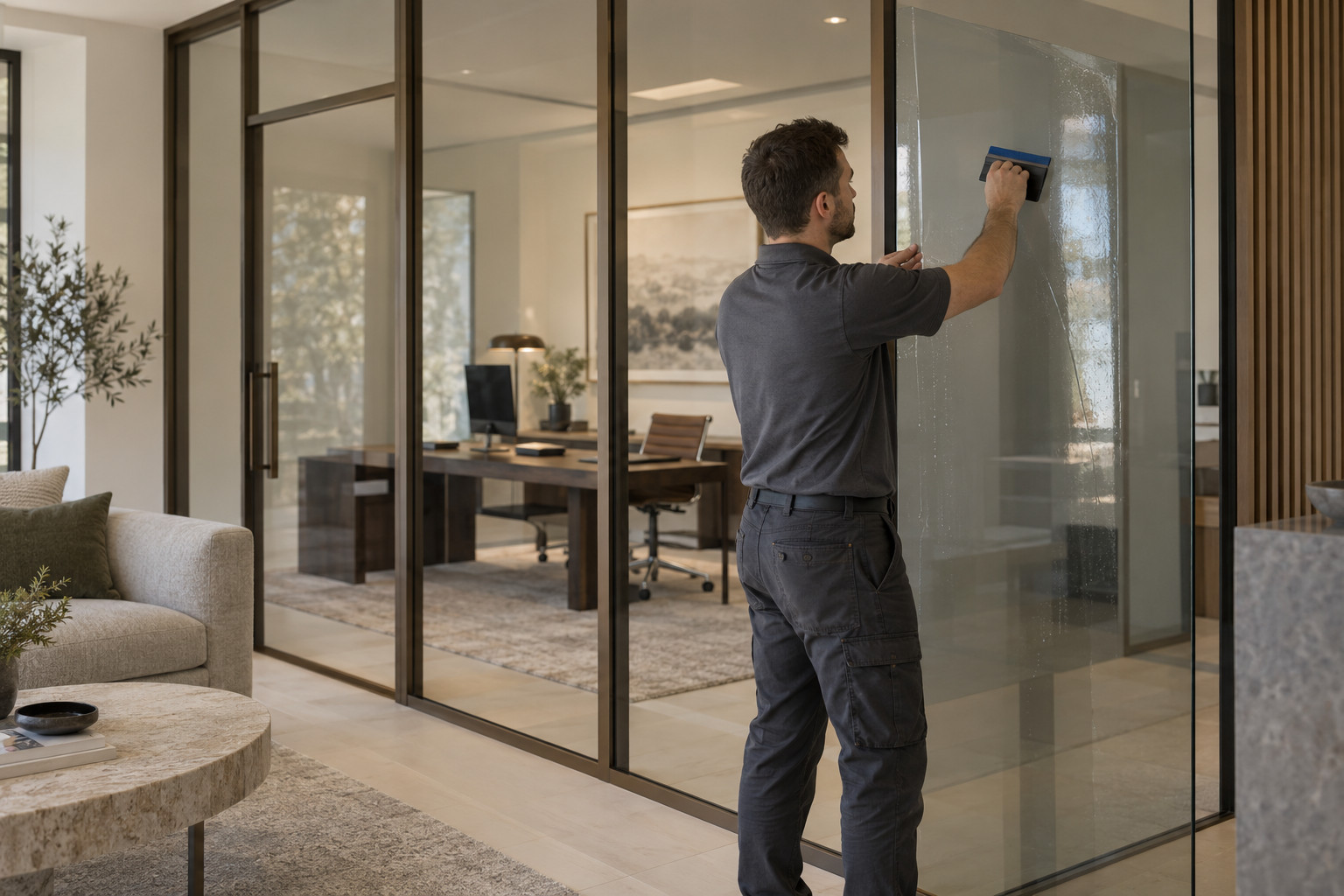 Illustrative scene of film being applied to an internal glass partition between a home office and living area.